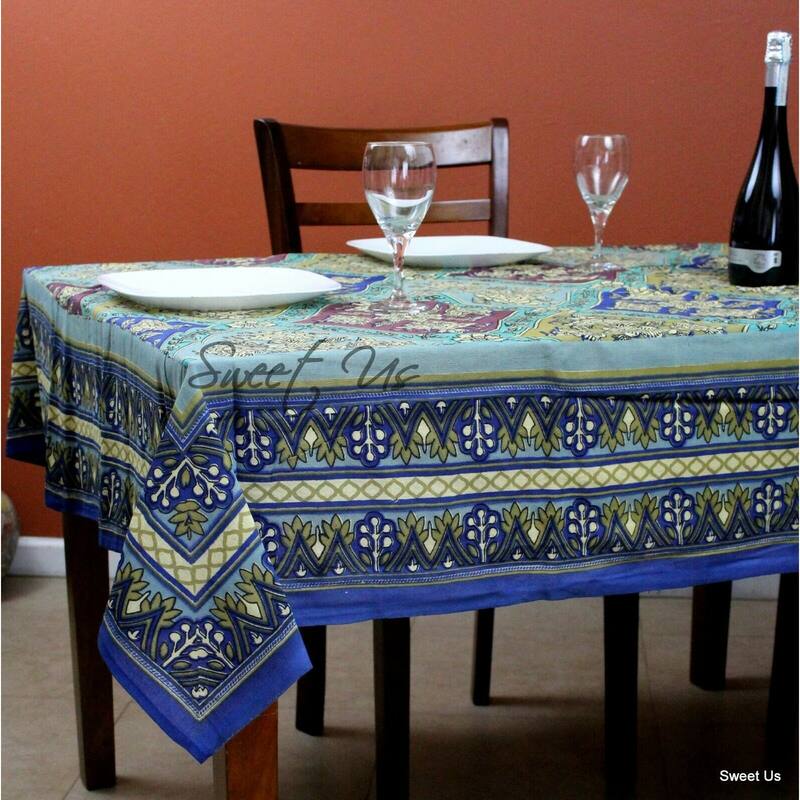 Heavy Cotton Floral Diamonds Tablecloth Rectangle Blue Gold