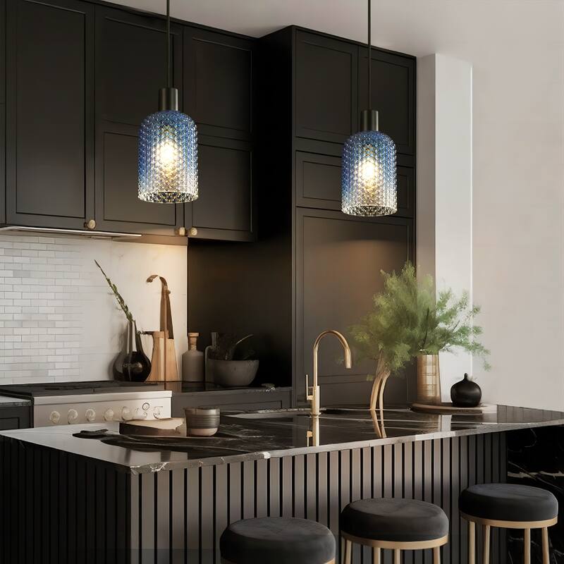 1/3-Light Modern Glam Bell-Shaped Adjustable Island Pendant Light with Clear/Blue/Amber Textured Glass