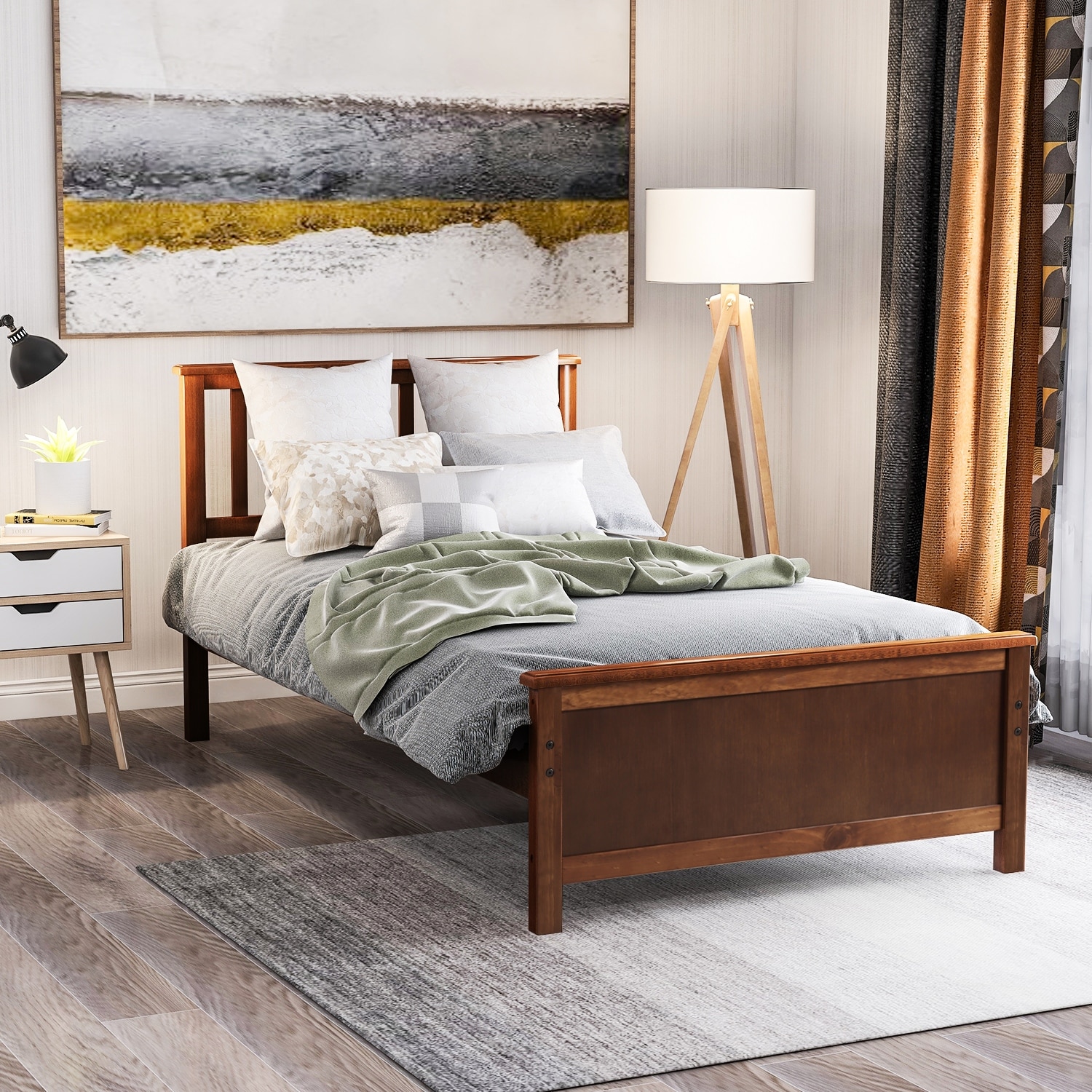 Walnut Twin Size Wood Platform Bed with Headboard, Footboard & Slat Support