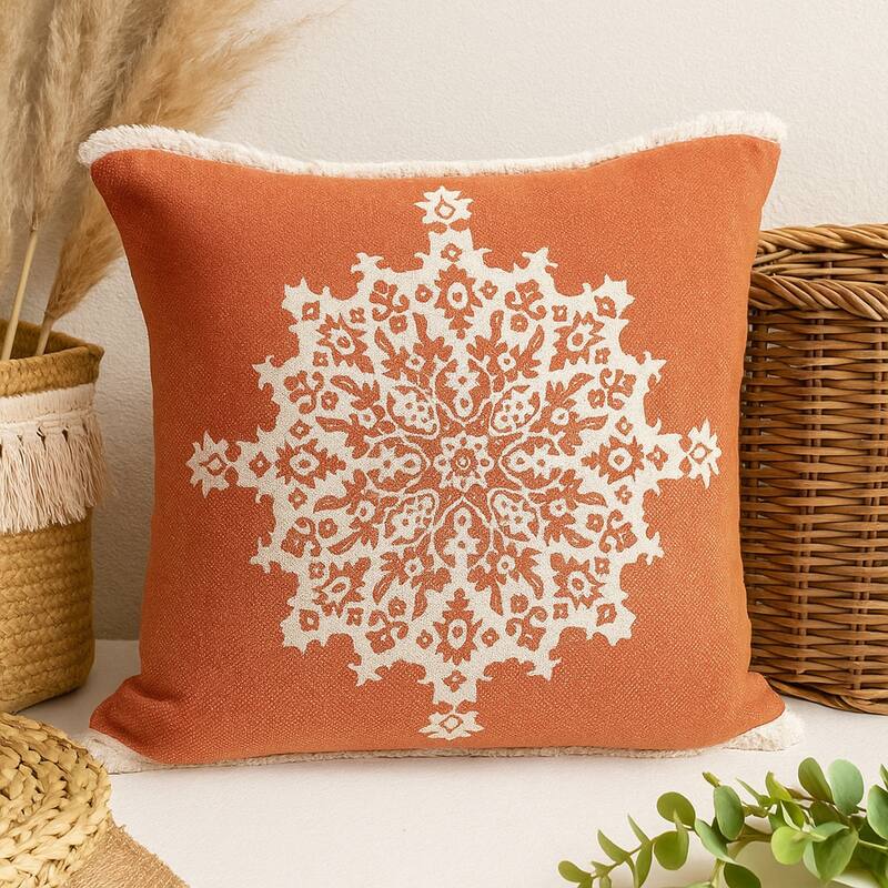 Handwoven Floral Medallion Cotton Throw Pillow Cover - 20" - Orange and White