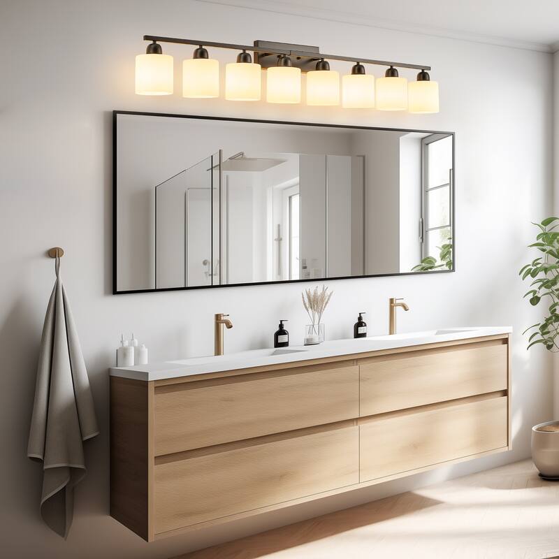 8-Light 52" Matte Black Bathroom Vanity - White Frosted Glass - Wall Sconce for Bedroom, Hallway