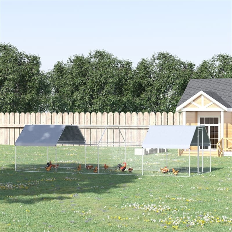 Silver Galvanized Metal Chicken Run with UV Protection and Lockable Door - 9' W x 24' D x 6.5' H