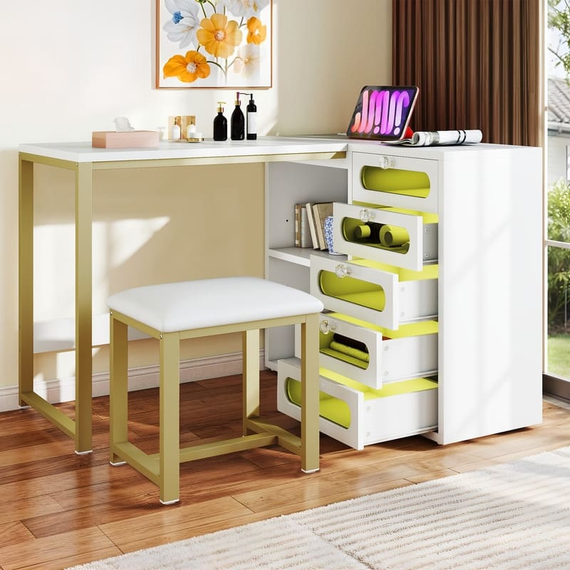 Moasis 5 Drawers L-Shape Nail Desk Set with Cushioned Stool and LED Light - White