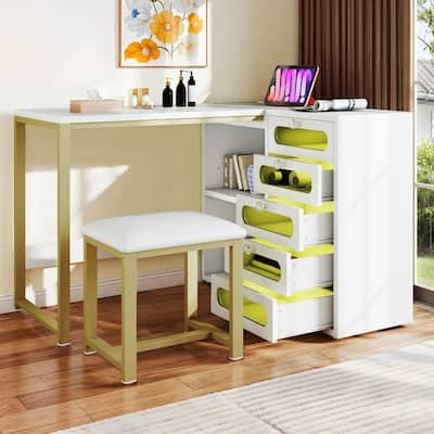 Moasis 5 Drawers L-Shape Nail Desk Set with Cushioned Stool and LED Light
