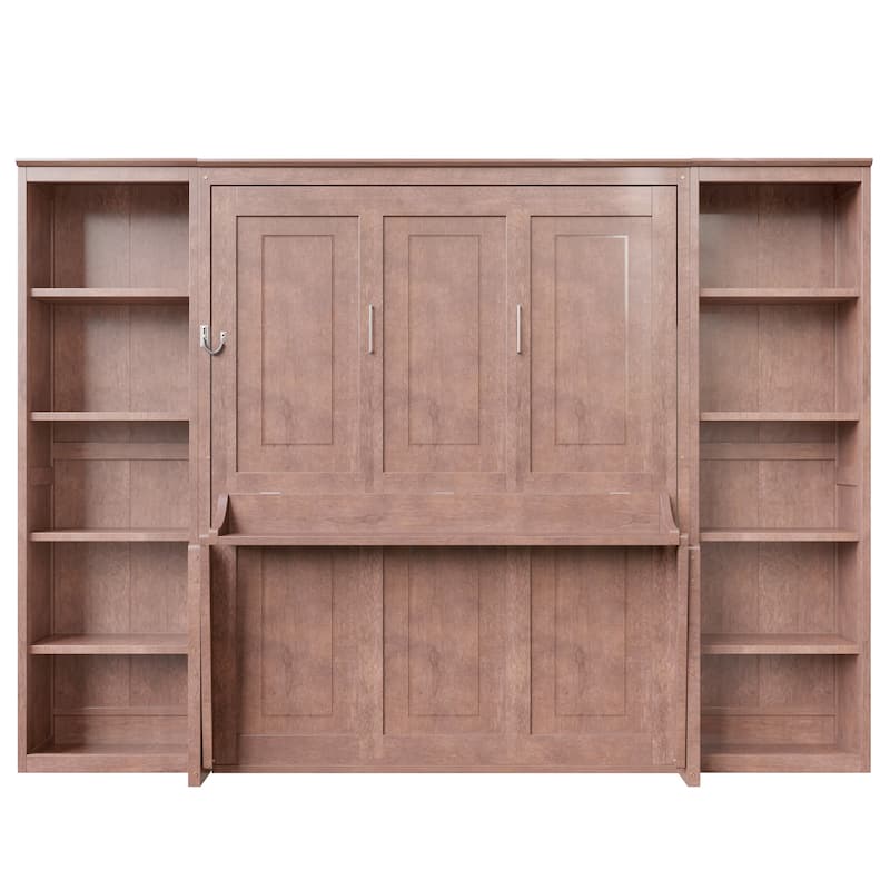 Dark Brown Murphy Bed with Bookshelf and Desk
