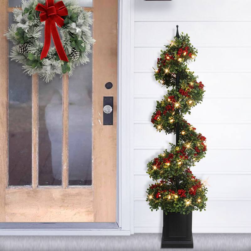 Puleo International 4' Pre-Lit Artificial Potted Swirl Tree Adorned with Red Berries - 4 Foot