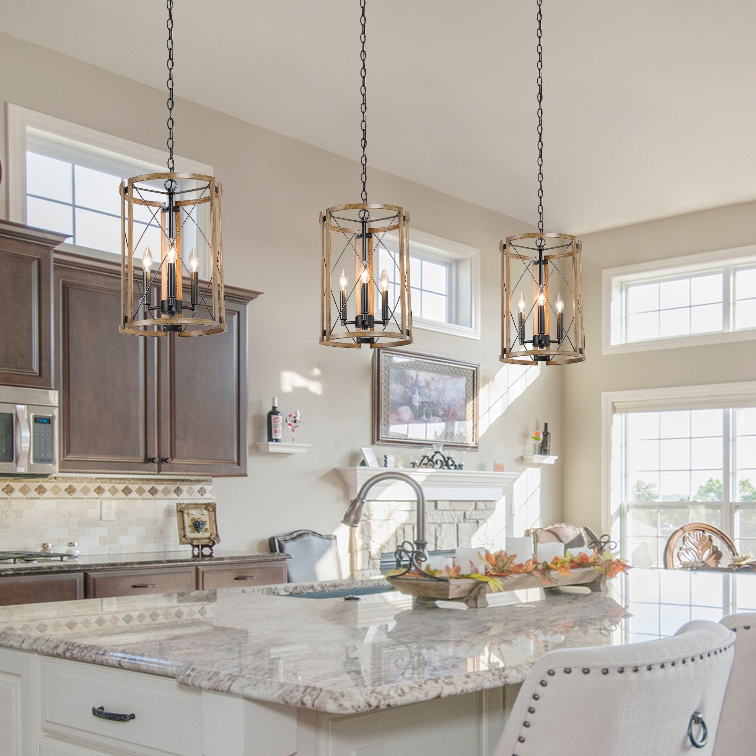 Modern Black Wood Cylinder Pendant Farmhouse Foyer Lights for Kitchen Island