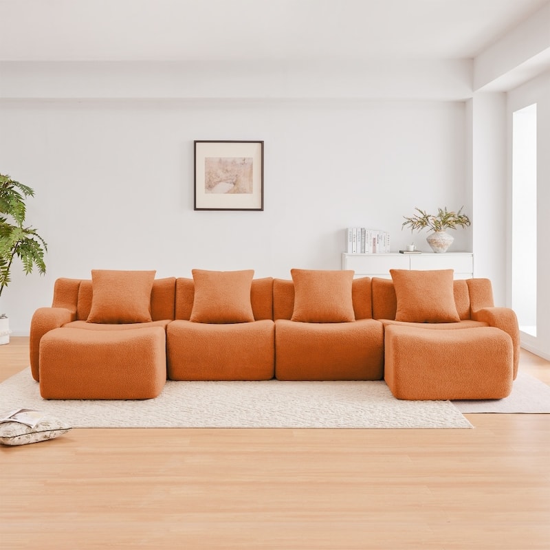 148" Premium Teddy Fabric U-shaped Modular Curved Armrests Boneless Sofa Set