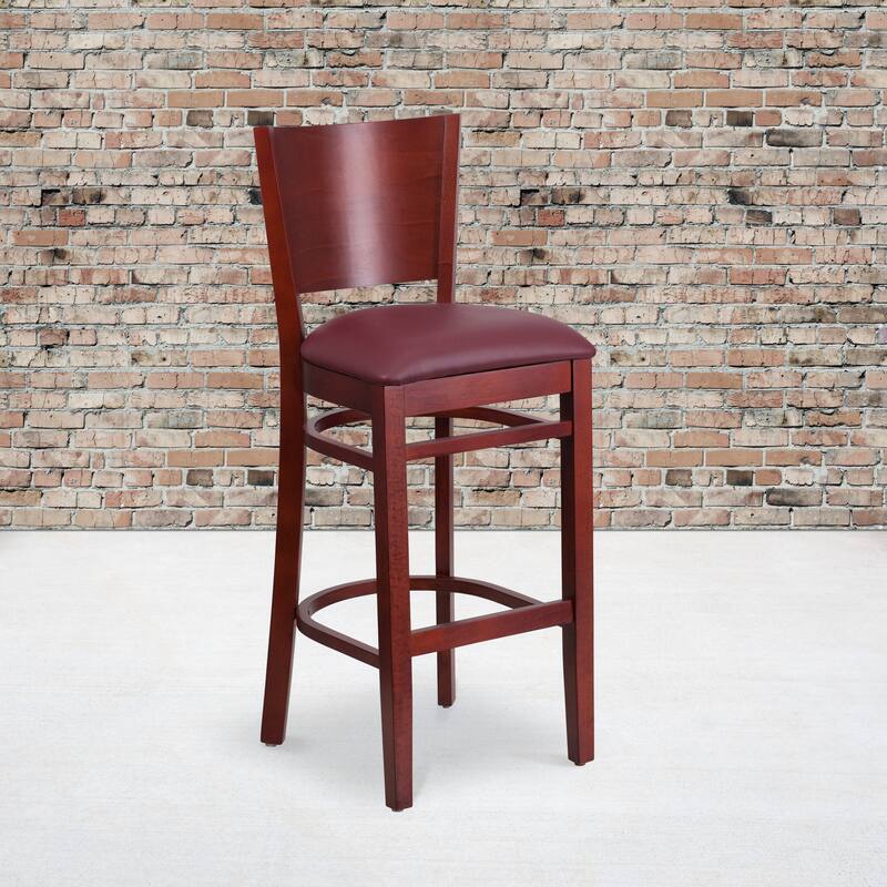 2 Pk. Lacey Series Solid Back Wooden Restaurant Barstool - 16.75"W x 18"D x 43.5"H - 16.75"W x 18"D x 43.5"H - Burgundy Vinyl Seat/ Mahogany Wood Frame