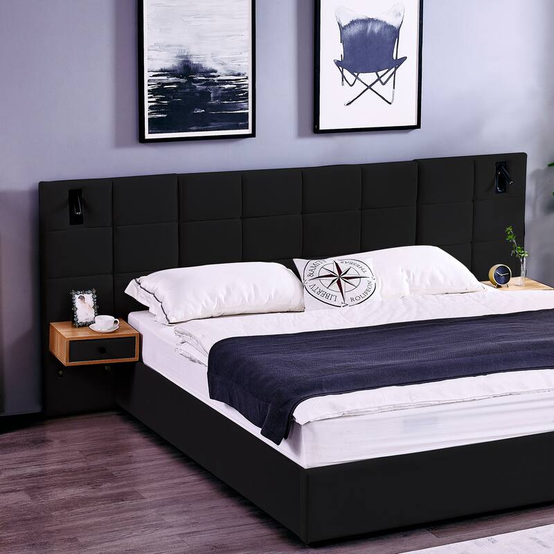 King Size Velvet Upholstered Hydraulic Platform Bed with Storage, Shelves, Reading Lamps, and USB Port