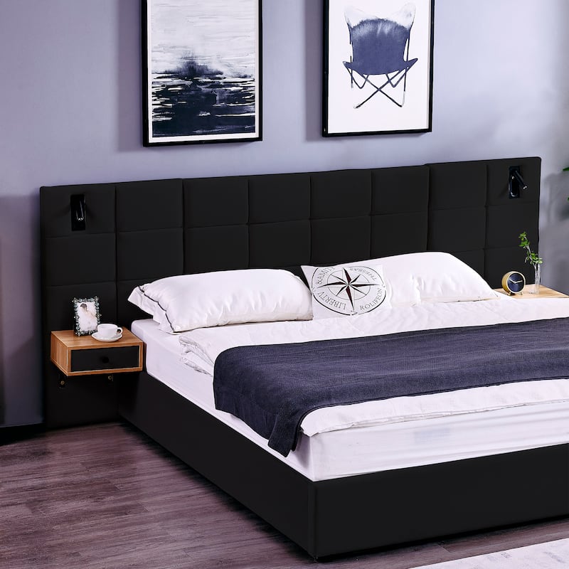 Roomfitters King Size Storage Velvet Hydraulic Platform Bed with Shelves, Reading Lamps and USB Port