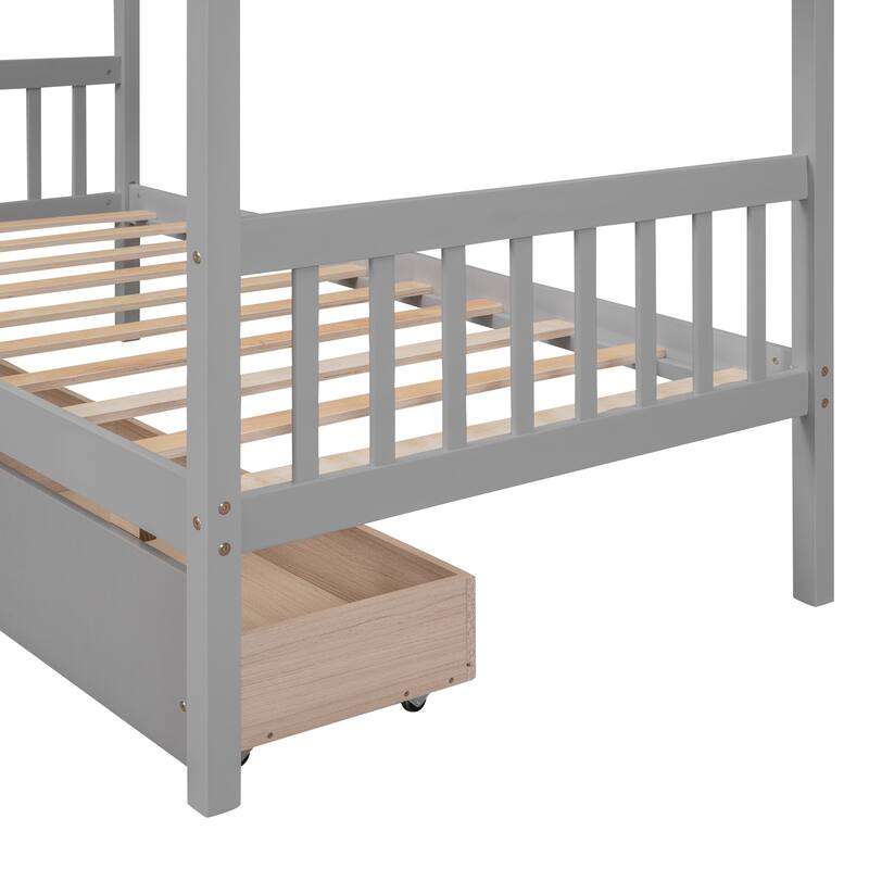 Kids Playhouse Bed Platform Bed with 2 Drawers and Roof, Sturdy Wooden Daybed for Kids, Easy Assembly, No Box Spring Needed
