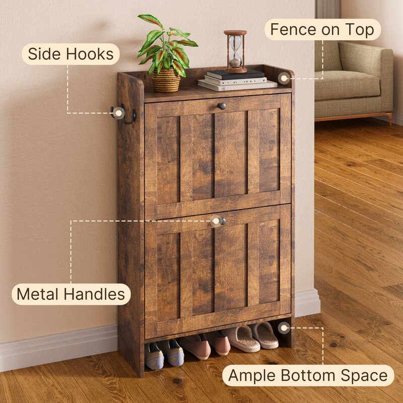 Shoe Cabinet with Flip Drawers, Slim Shoe Storage Cabinet for Entryway, Freestanding Narrow Rack with Open Storage