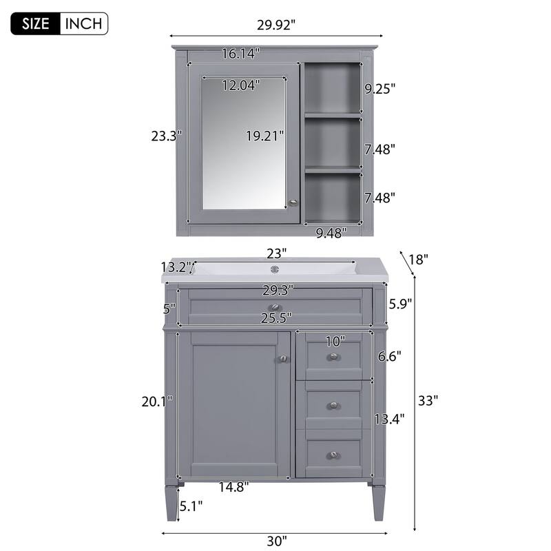 Plywood Freestanding Bathroom Vanity Set in Maple with Integrated Ceramic Sink with Mirror Cabinet - 30“ x 18"