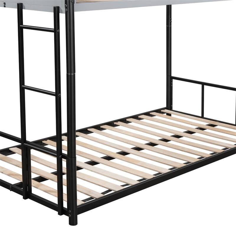 Twin over Twin Metal Bunk Bed w/ Built-in Ladder and Safety Guardrail