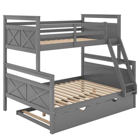 Gray Twin over Full Bunk Bed with Ladder, Twin Size Trundle, Safety Guardrail
