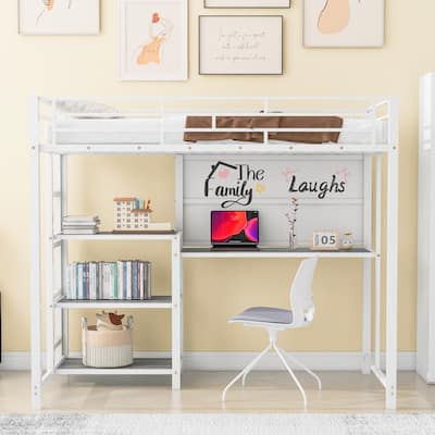 Twin Metal Loft Bed with Desk, Shelves, and Whiteboard, Space-Saving Design