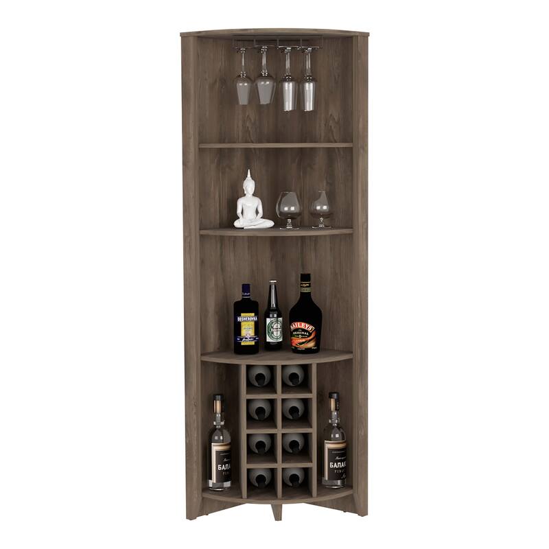 Modern Corner Bar Cabinet with 8 Wine Storage Racks, 3 Shelves, and Side Storage Shelves