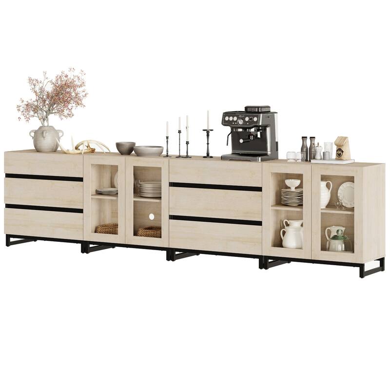 4 in 1 Modern Dresser with Glass Doors and 6 Drawers,Storage Cabinet with Adjustable Shelves, Chest of Drawers