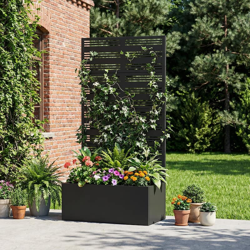 Metal Galvanized Planter Box with Trellis Privacy Screen Lockable Wheels - Black