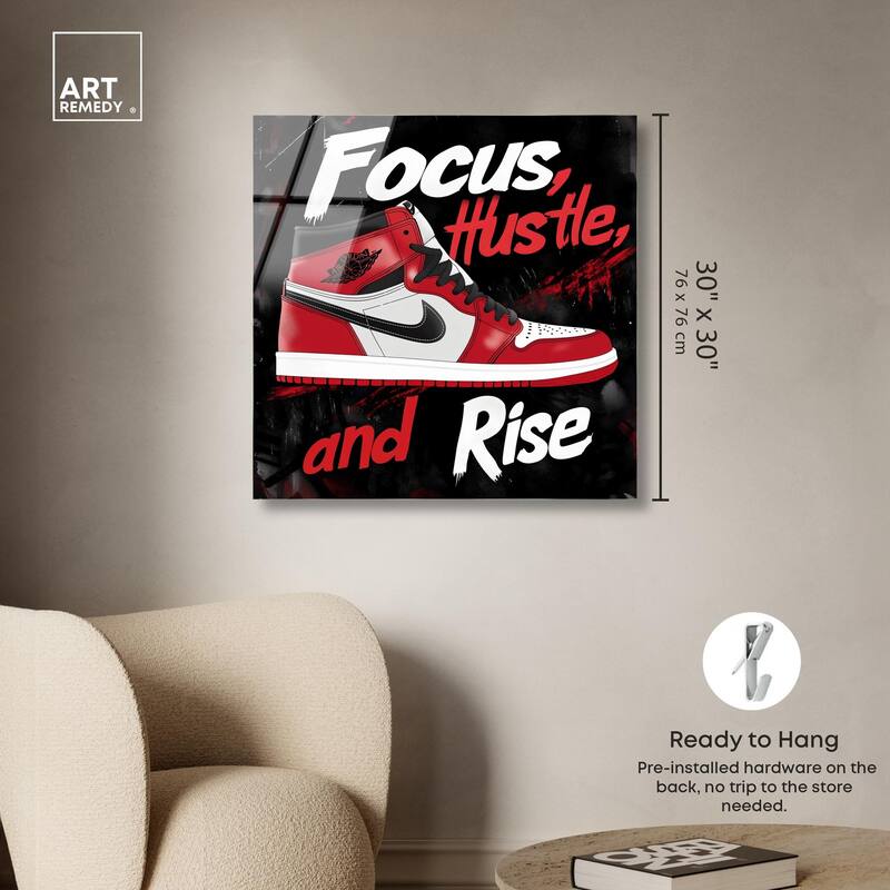 Hustle and Rise Sneaker Red Acrylic by Art Remedy, Ready to Hang