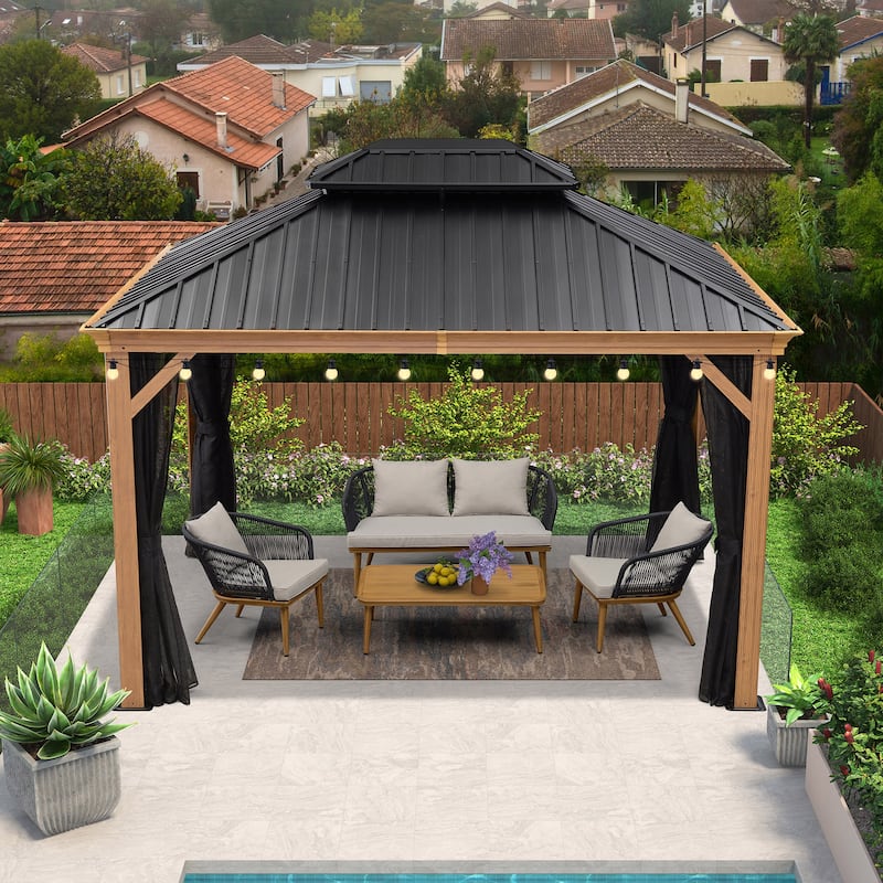 PURPLE LEAF Hardtop Gazebo Galvanized Steel Roof Gazebo Pergola Wooden Coated Alumninum Frame Wiht Mosquito Net and Light