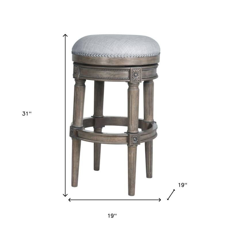 Linen Round Wood Swivel Stool with Nail Head Trim, Backless and Footrest