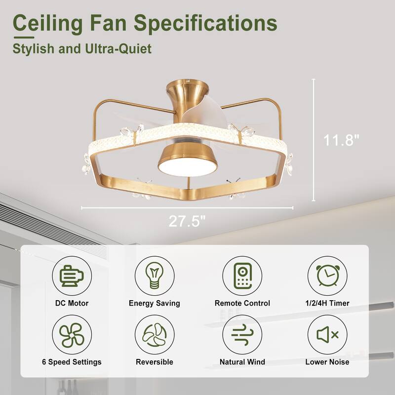 Modern Flush Mount Crystal Ceiling Fan, Gold Reversible Fandelier Fan Light for Bedroom