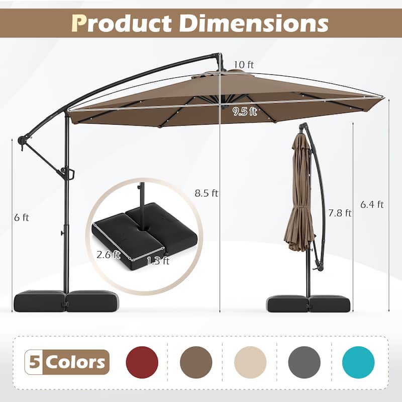 Large 10 Feet Patio Offset Umbrella with Stable Crossed Base and Solar LED Lights for Outdoor