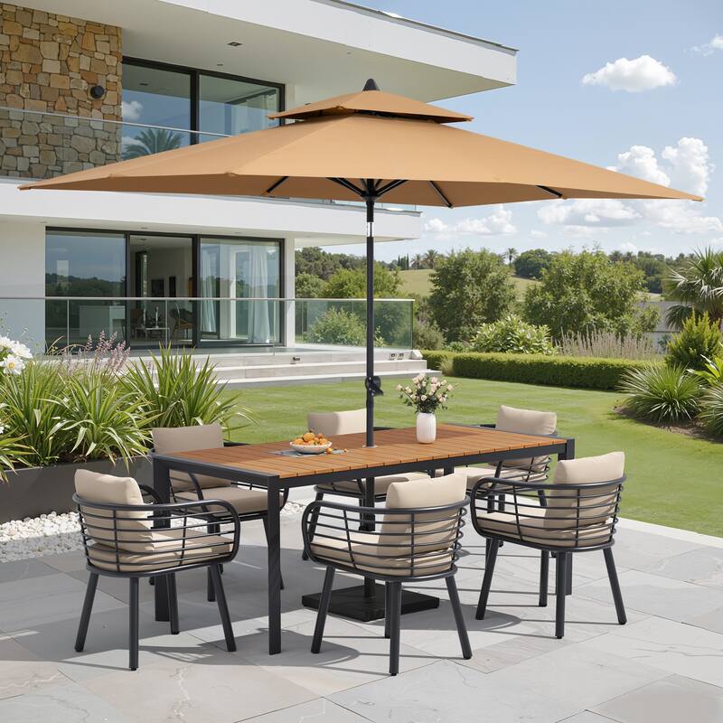 9/11-Piece Outdoor Patio Dining Set w/10 ft Umbrella and Base Aluminum Dining Table and Dining Chairs with Sunbrella Cushions