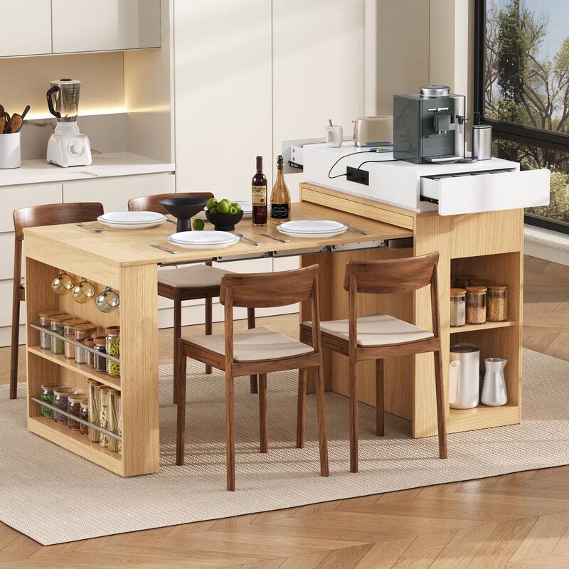 Extendable Kitchen Island Dining Table with Power Outlet, Rolling Sideboard with Folding Tabletop & Drawers