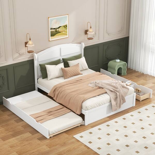 slide 2 of 17, Queen Size Wood Platform Bed with Trundle Bed & 2 Storage Drawers White - Queen