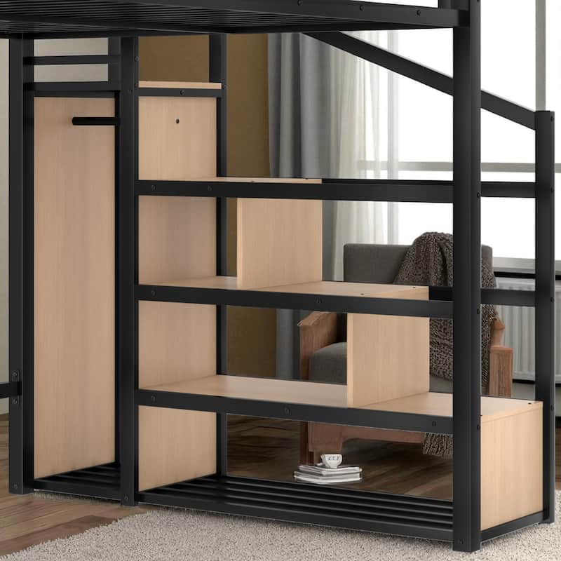 Metal Loft Bed Twin XL/Full/Queen with Storage Stairs, Built-in Wardrobe, USB Ports and LED Lights