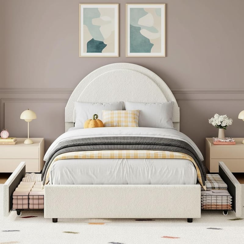 Boucle Upholstered Platform Bed Frame, with 2 Storage Drawers - Beige - Twin