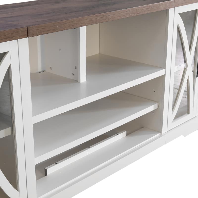 93" Farmhouse White Barn Door Storage Cabinets Fireplace TV Stand with 36" Electric Fireplace for TVs Up to 100"