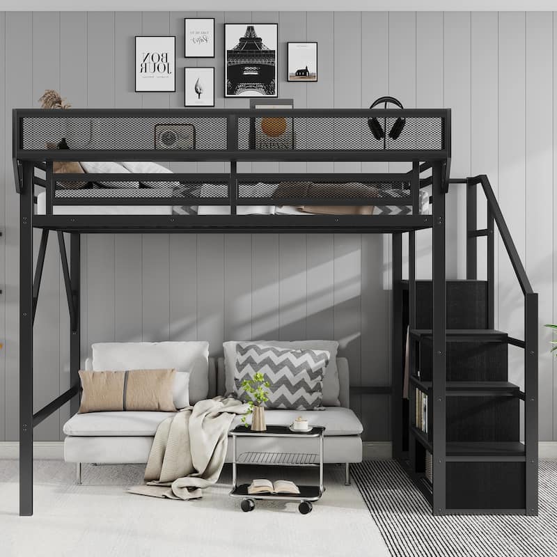 Queen Size Loft Bed with Stairs, Metal Queen Loft Bed with Storage Shelves, High Loft Bed with Wardrobe for Kids Teens Adults