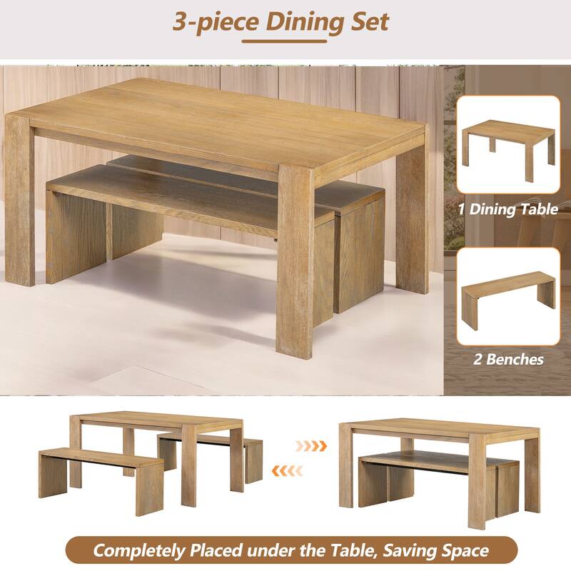 3-Piece Farmhouse Dining Table Set with 2 Benches, Space-Saving Wood Kitchen Table for Dining Room or Kitchen