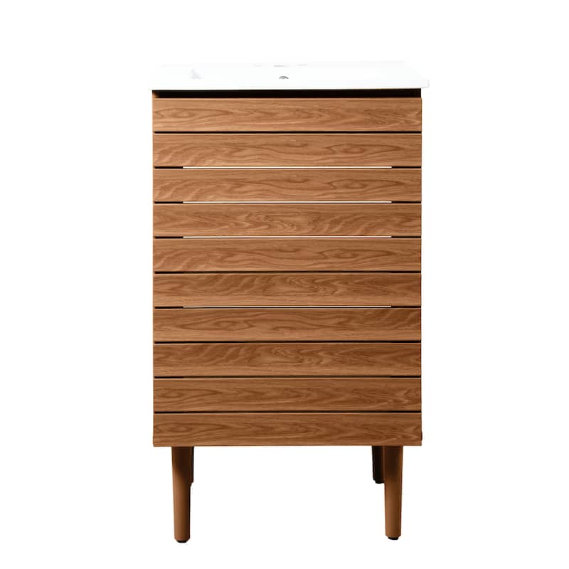 Calandre Thick Linear Slat Modern Farmhouse 2-Shelf Bath Vanity Cabinet Only (Sink Basin not Included), by JONATHAN Y - 20 in. - Walnut