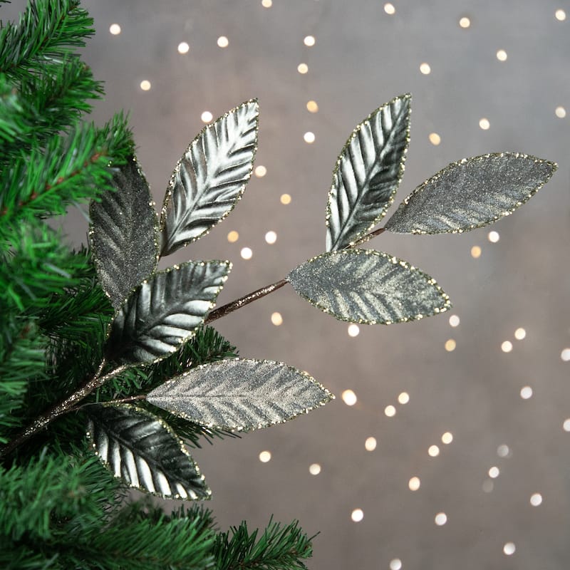 28" Glitter Pewter Textured Leaves Christmas Pick - 28
