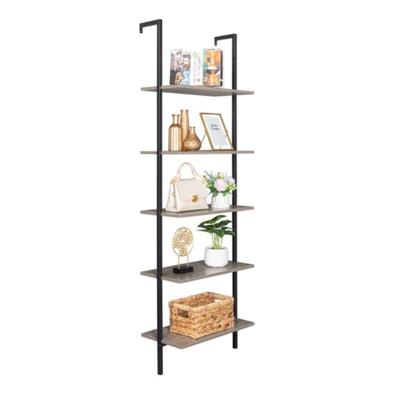 5-Shelf Wood Ladder Bookcase with Metal Frame, Industrial 5-Tier Modern Ladder Shelf Wood Shelves,Grey