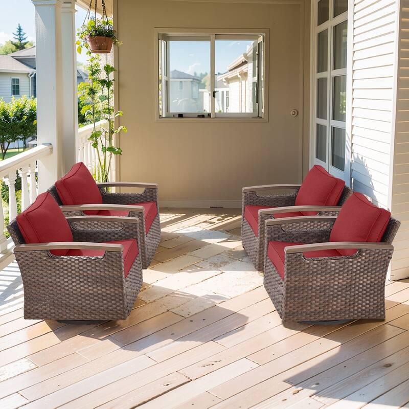Pocassy Outdoor Patio Sofa Chair Ottoman Table Furniture Set - Red Cushion - Swivel Chairs Set of 4