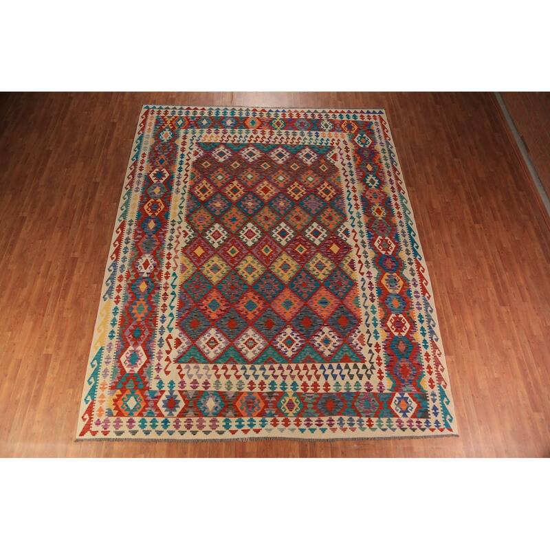 Geometric Trellis Kilim Oriental Area Rug Hand-Woven Wool Carpet - 10'5"x 13'0"