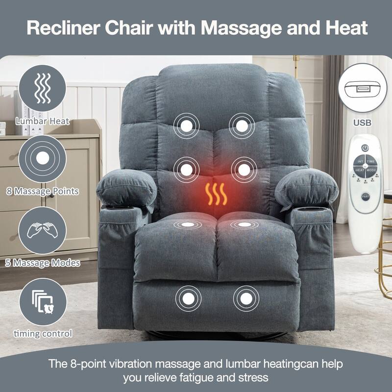 Massage Rocker Recliner Chair with Heat, USB Port, and Cup Holders