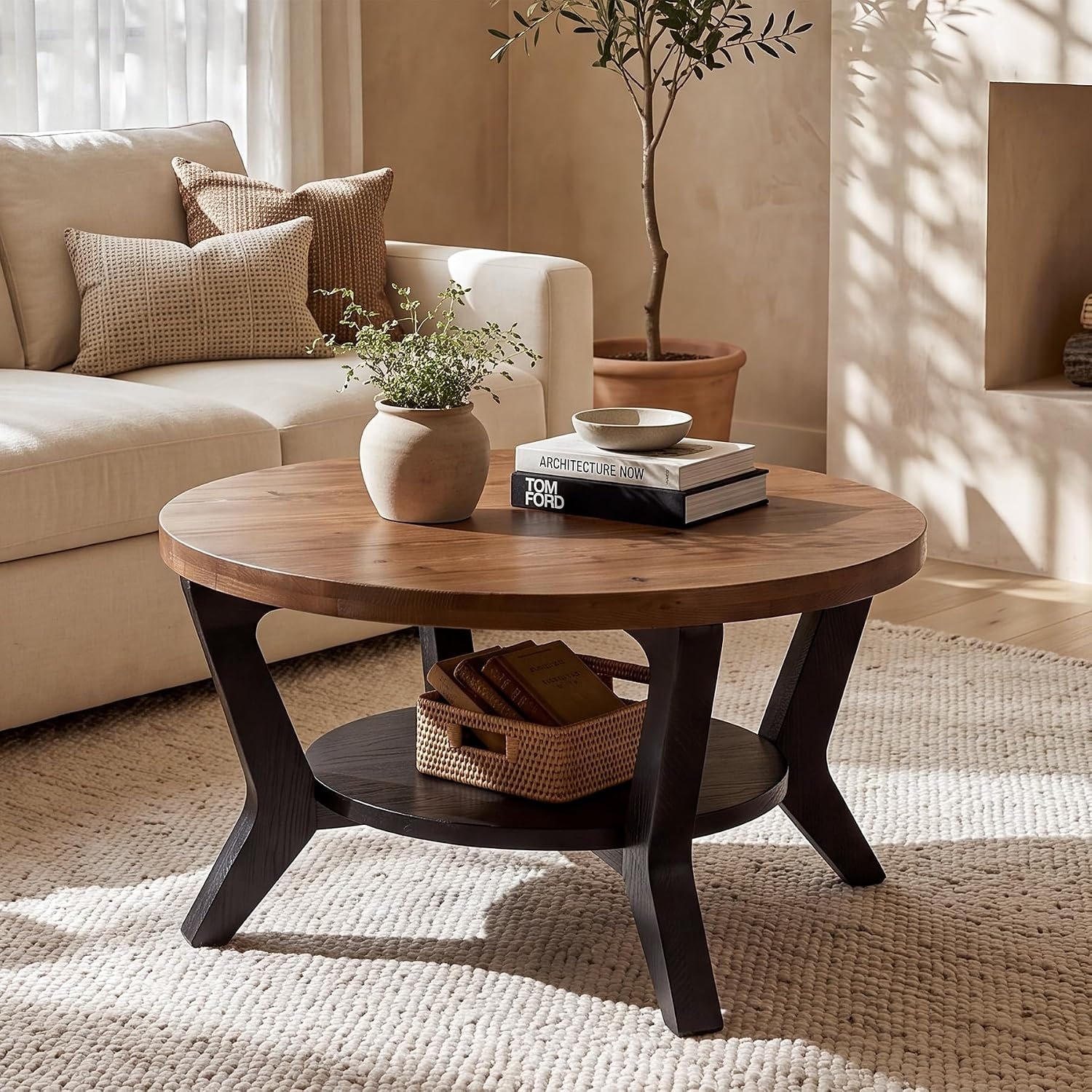 2-Tier Round Coffee Table, Solid Fir Wood Cocktail Table