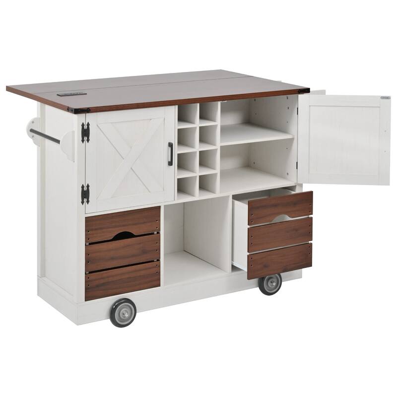 54" Rolling Kitchen Island with Drop Leaf and Power Outlet and 2 Drawers