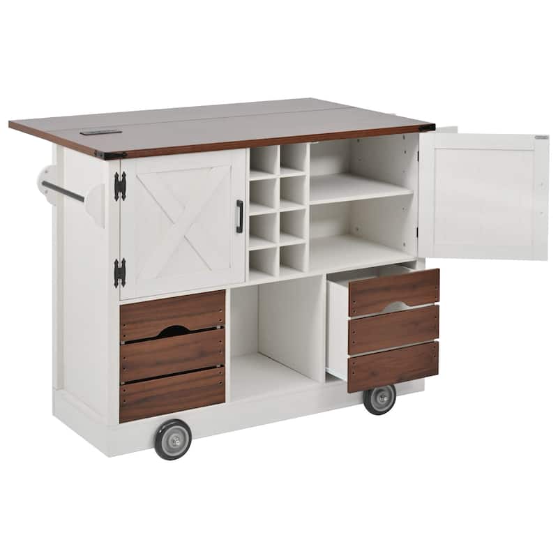 Kitchen Island with Drop Leaf, 2 Doors & 2 Drawers, Rolling Kitchen Island on 4 Wheels, Kitchen Storage Cart with Power Outlet