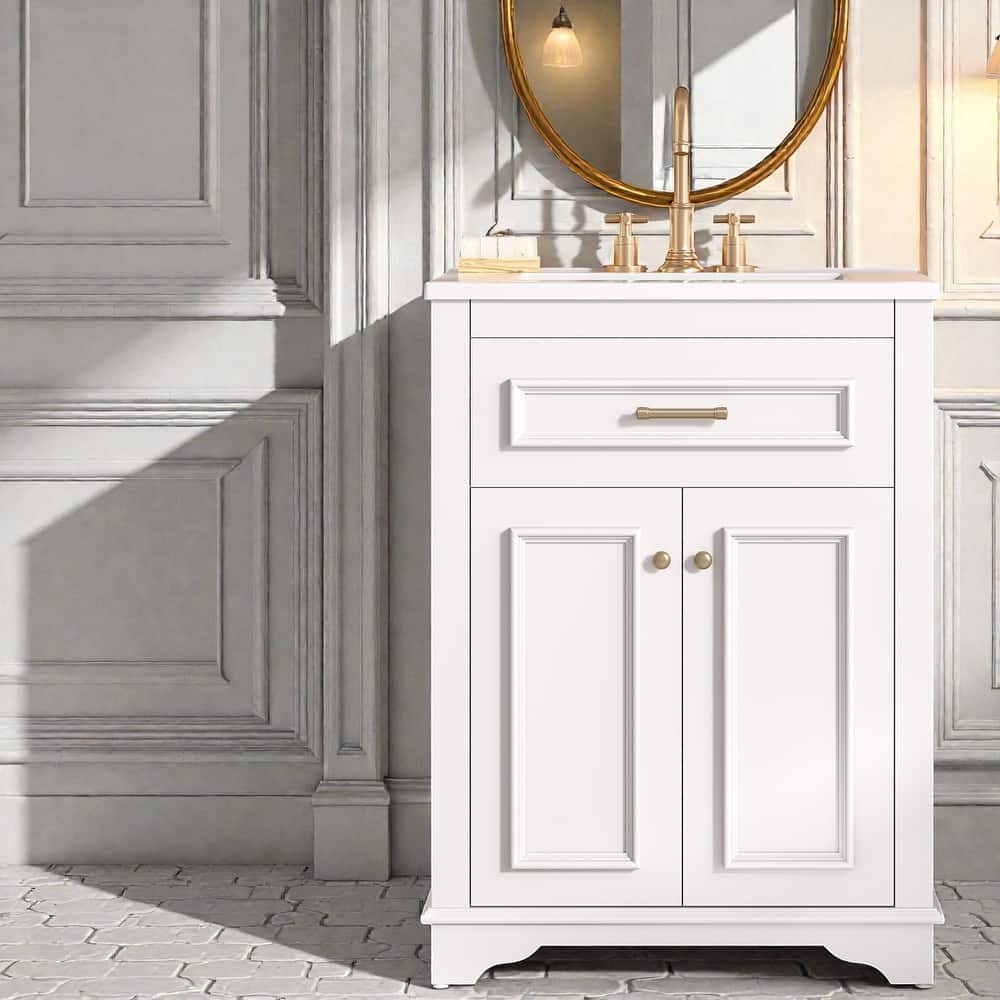 24 Inch Bathroom Vanity with Integrated Ceramic Sink, Freestanding Cabinet with Tip-Out Drawer, Small Space Vanity
