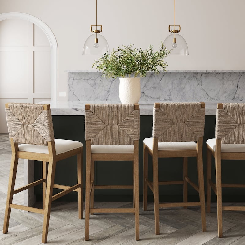 Beacon Bohemian Boucle Bar Stool, Upholstered Counter Height Chair with Solid Wood Frame and Woven Seagrass Back - Set of 4 - Cream Boucle/Light Brown - Bar Height