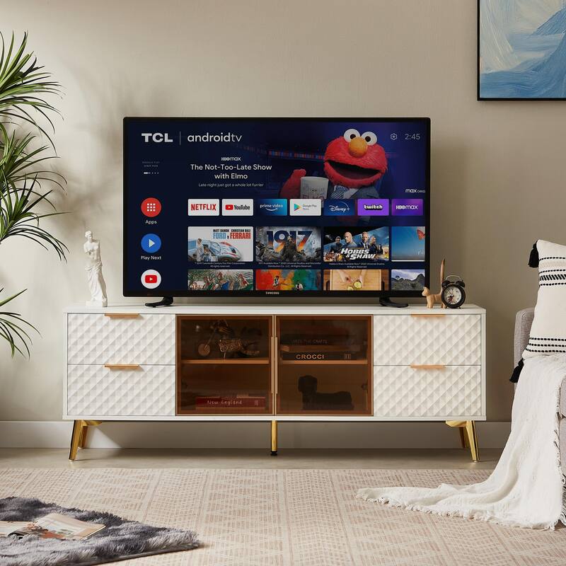 Modern TV Stand with Storage Drawers & Glass Doors - White