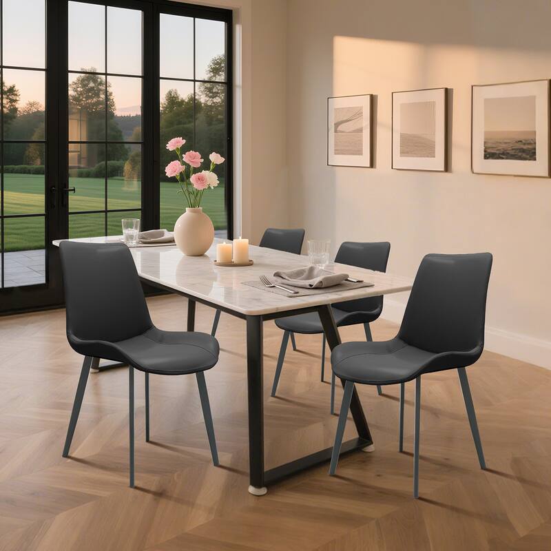 Black Leather Dining Chair Side Chair Coffee Chair Lounge Chair Kitchen Chair Set of 4 Office Chair with Metal Legs - Black